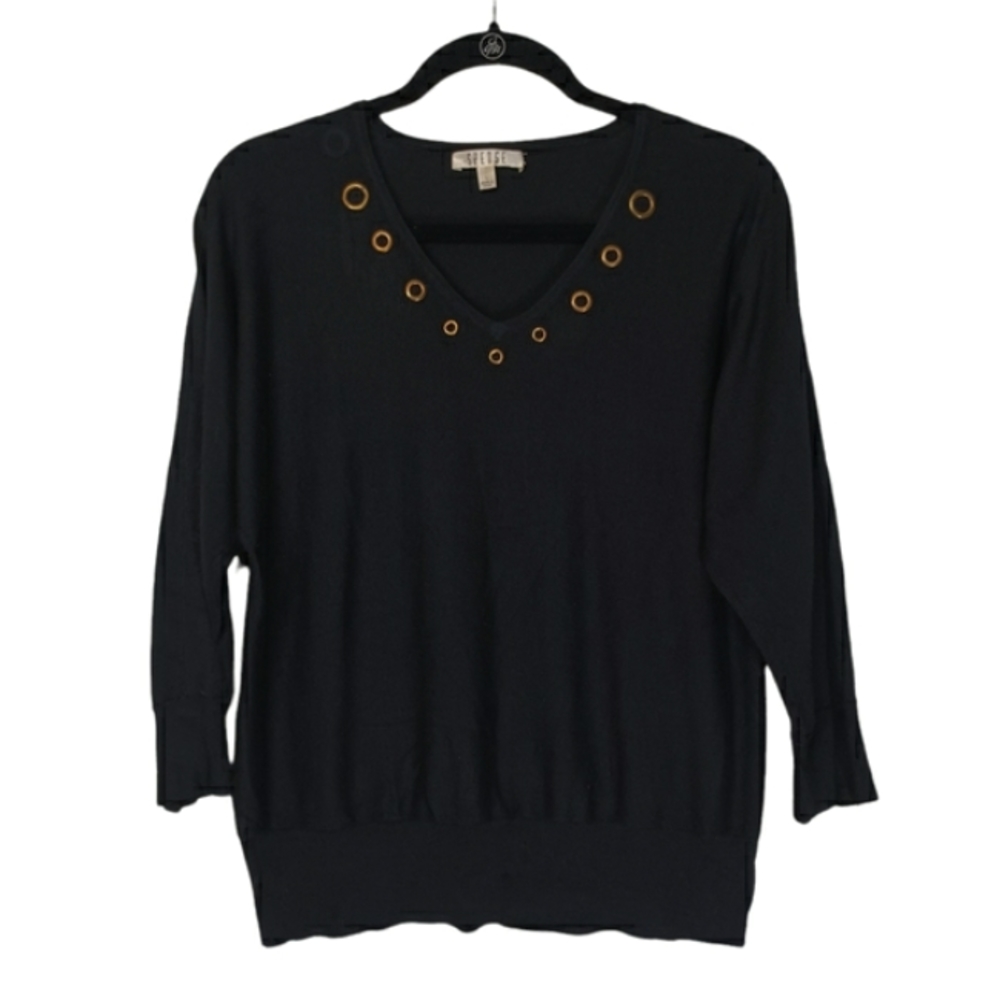 VTG SPENSE Gold Grommet V-Neckline 3/4 Sleeve Black Knit Stretchy Top Large